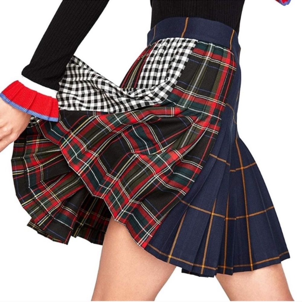 New/Unworn Zara Patchwork Tartan Plaid Pleated Skirt